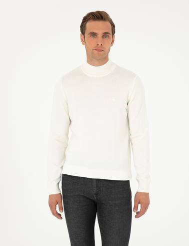 Ekru Slim Fit Yarım Balıkçı Yaka Basic Triko Kazak