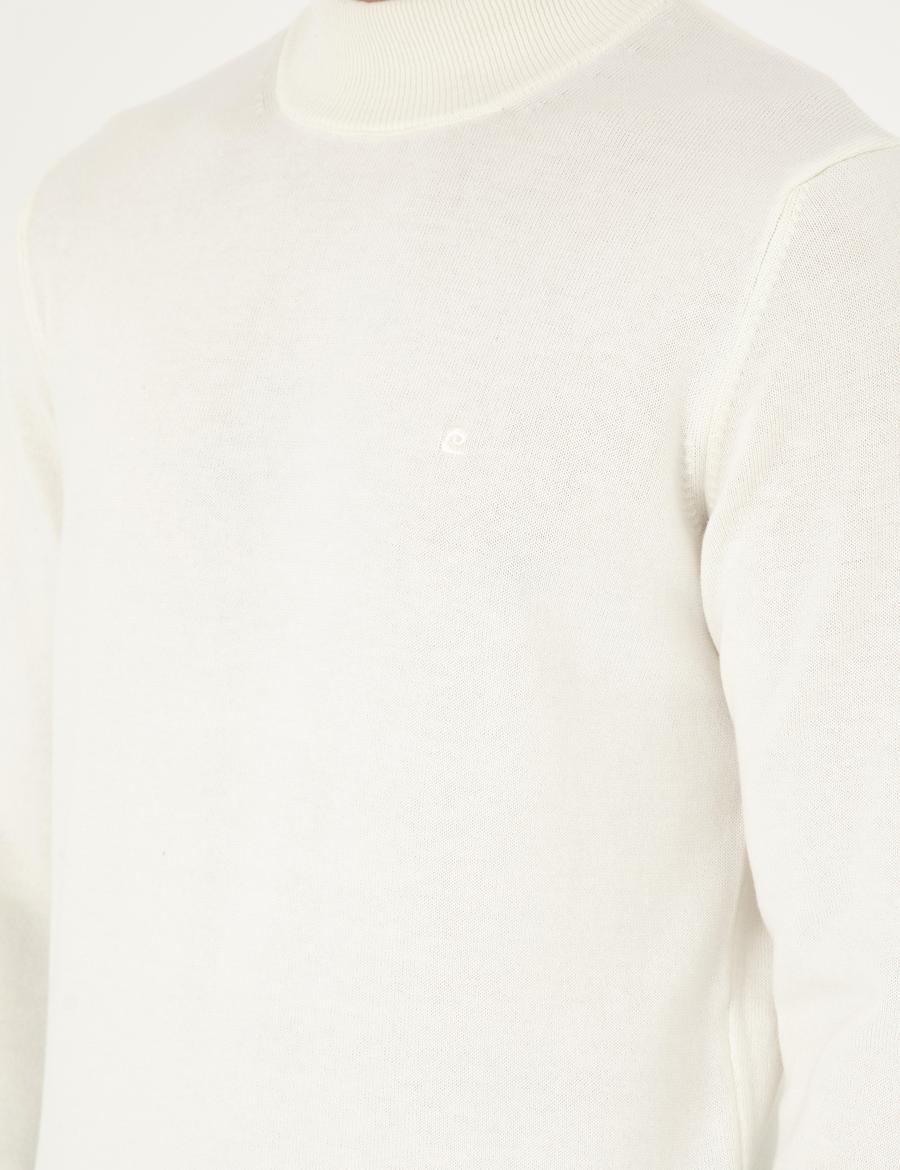 Ekru Slim Fit Yarım Balıkçı Yaka Basic Triko Kazak