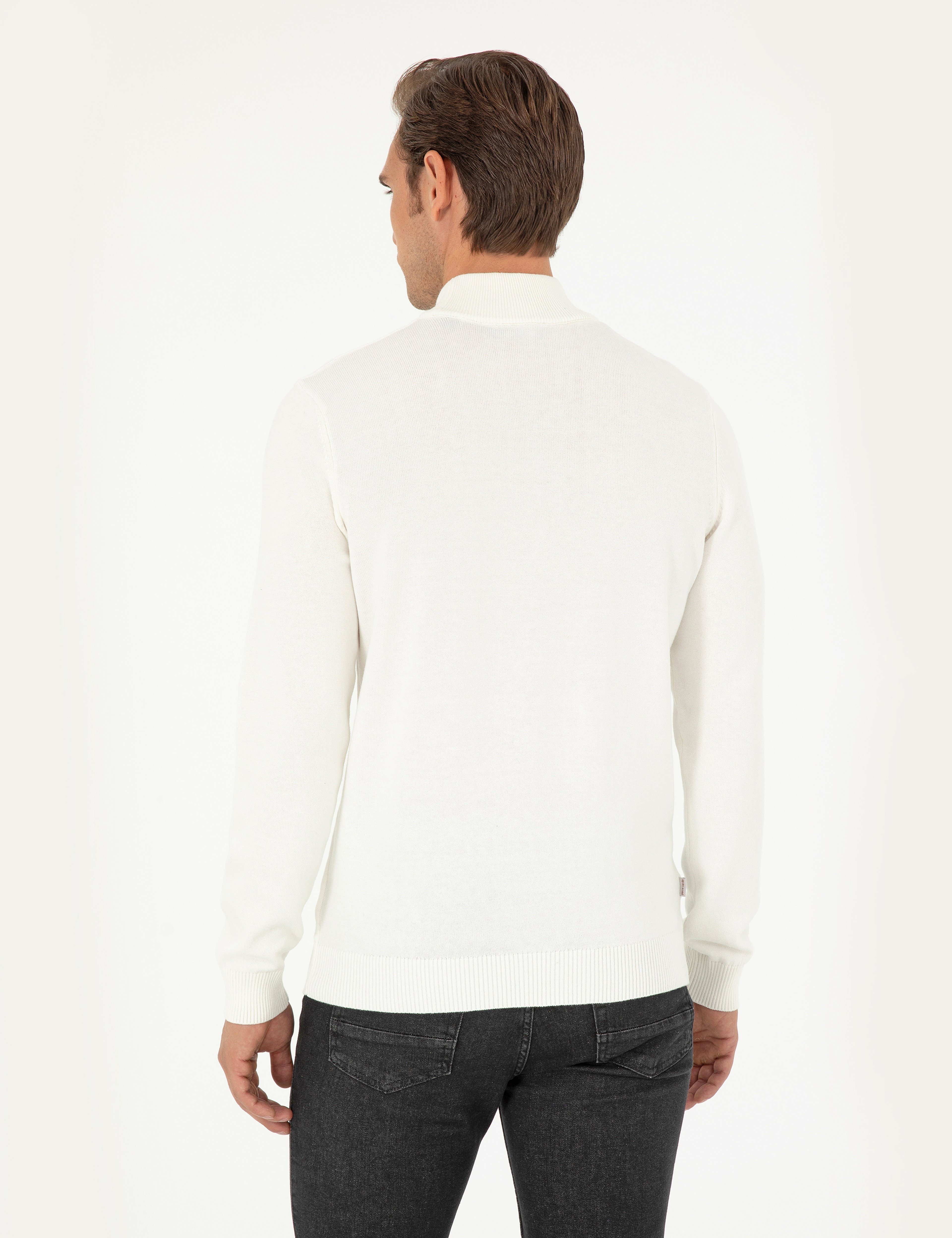 Ekru Slim Fit Yarım Balıkçı Yaka Basic Triko Kazak - Image 5