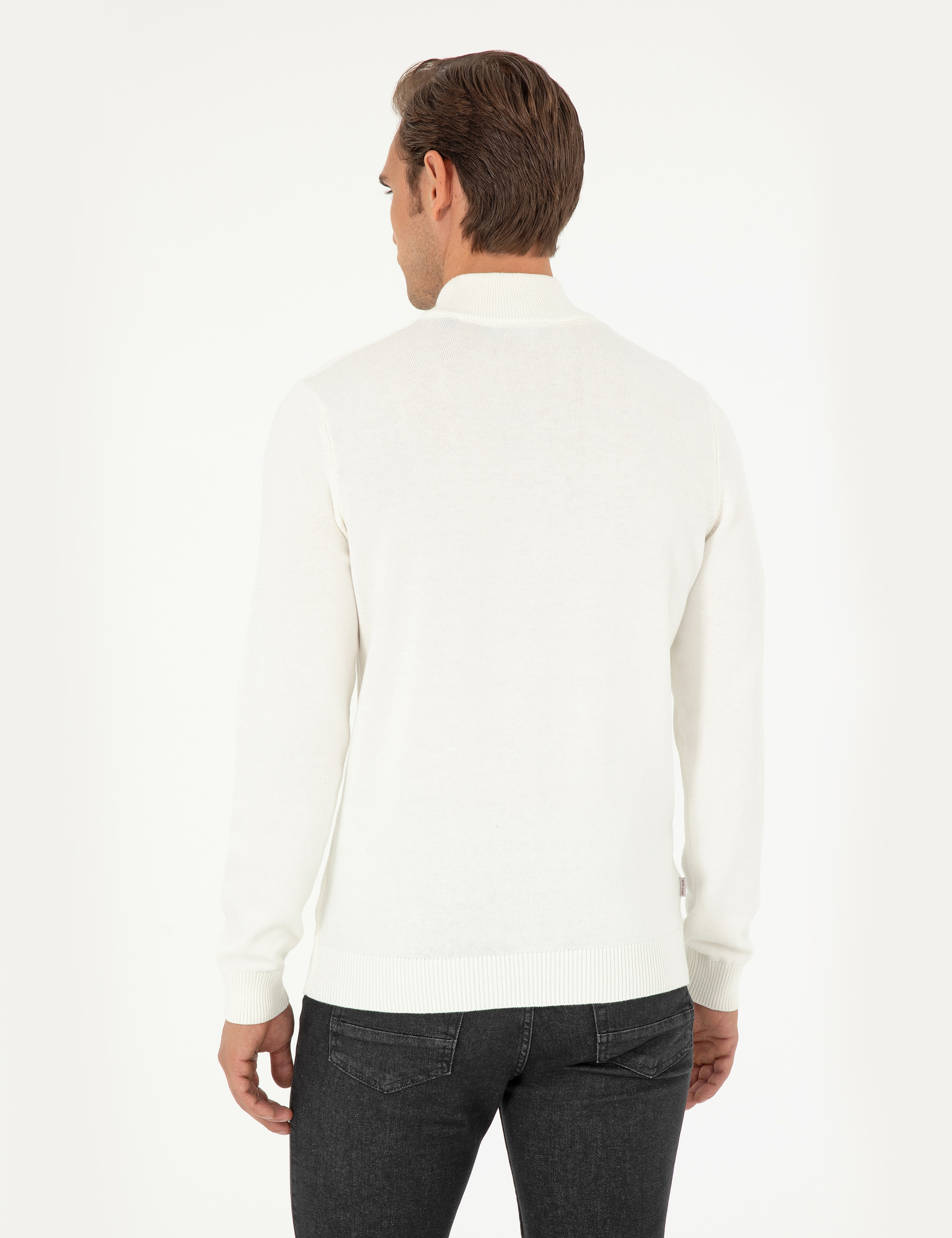 Ekru Slim Fit Yarım Balıkçı Yaka Basic Triko Kazak