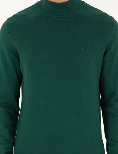 Yeşil Slim Fit Yarım Balıkçı Yaka Basic Triko Kazak