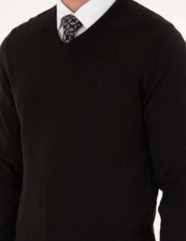 Siyah Slim Fit V Yaka Basic Triko Kazak