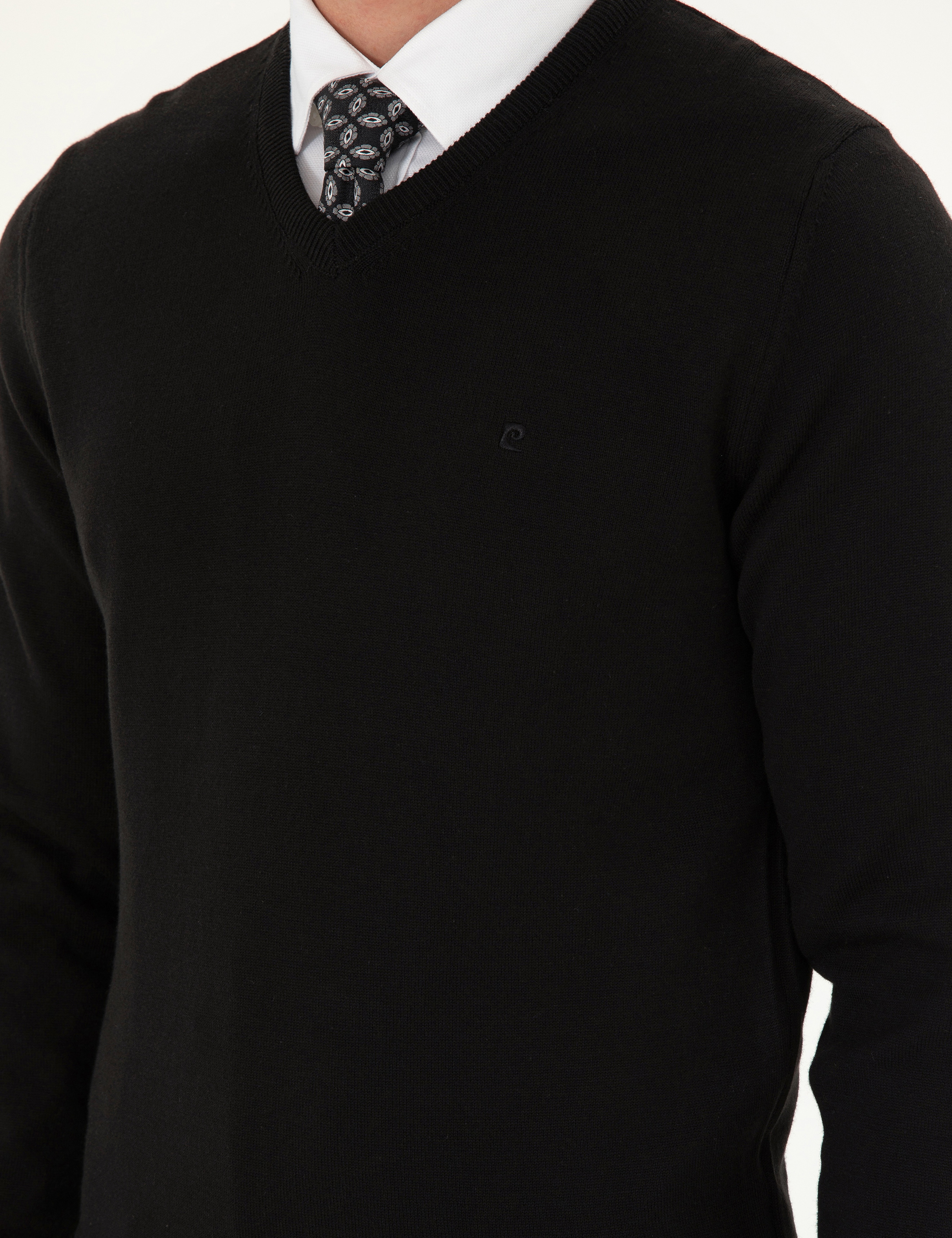 Siyah Slim Fit V Yaka Basic Triko Kazak - Image 7