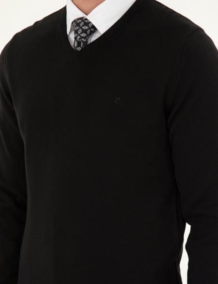 Siyah Slim Fit V Yaka Basic Triko Kazak - 50296583007