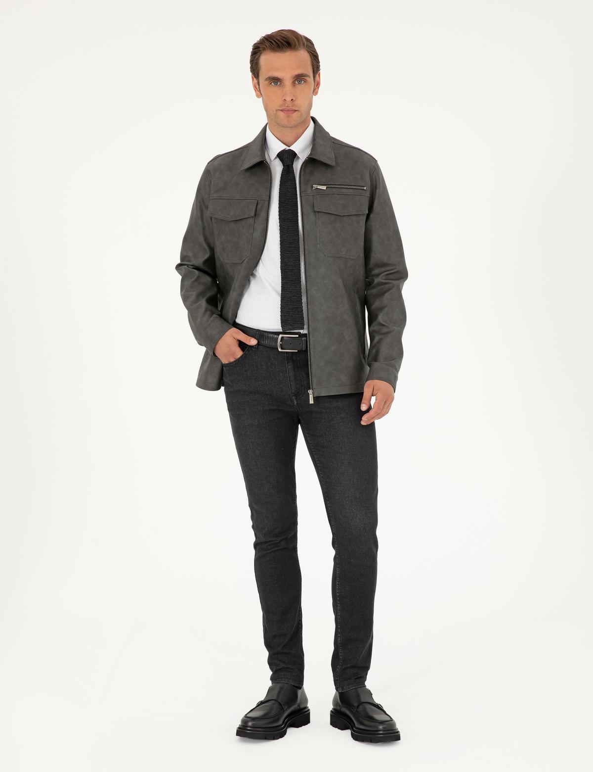 Antrasit Gömlek Yaka Suni Deri Ceket - 50300561017