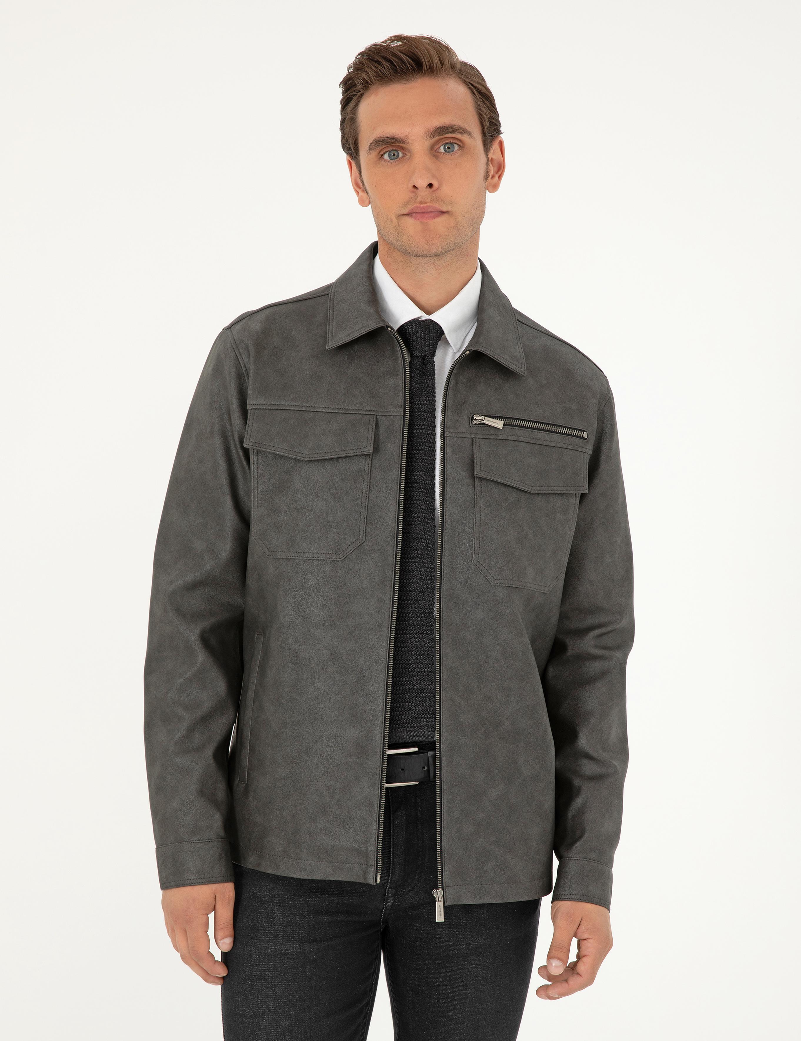 Antrasit Gömlek Yaka Suni Deri Ceket