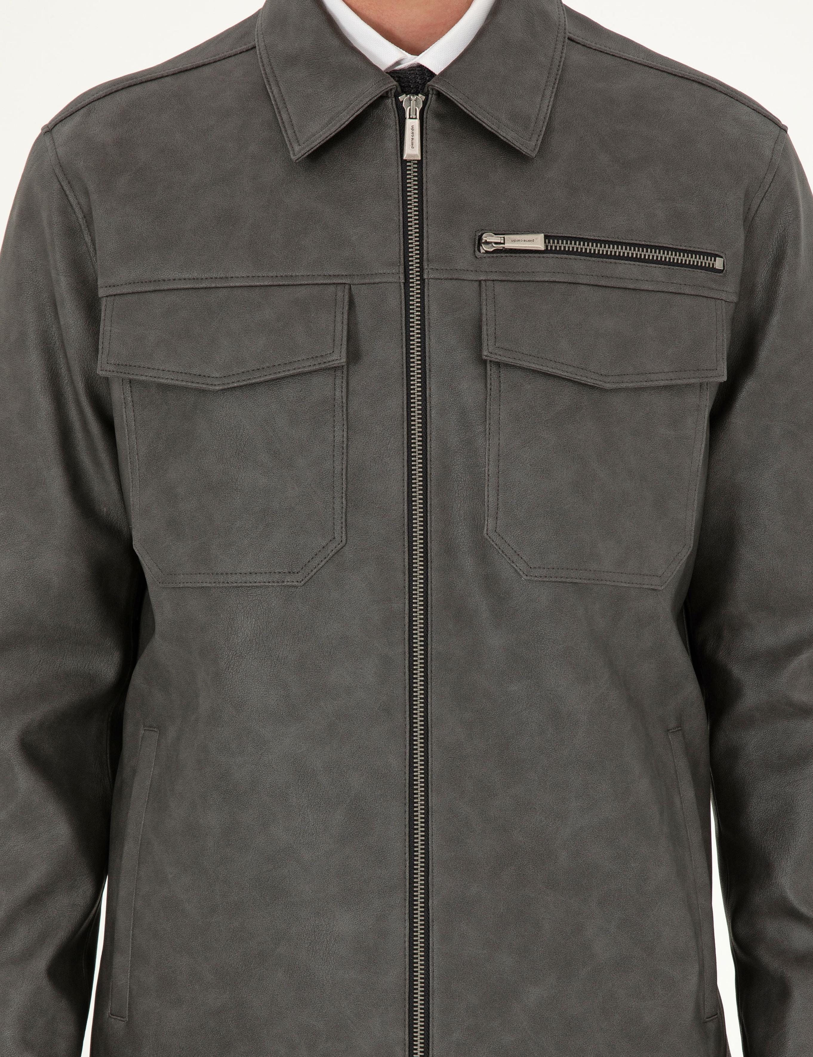 Antrasit Gömlek Yaka Suni Deri Ceket