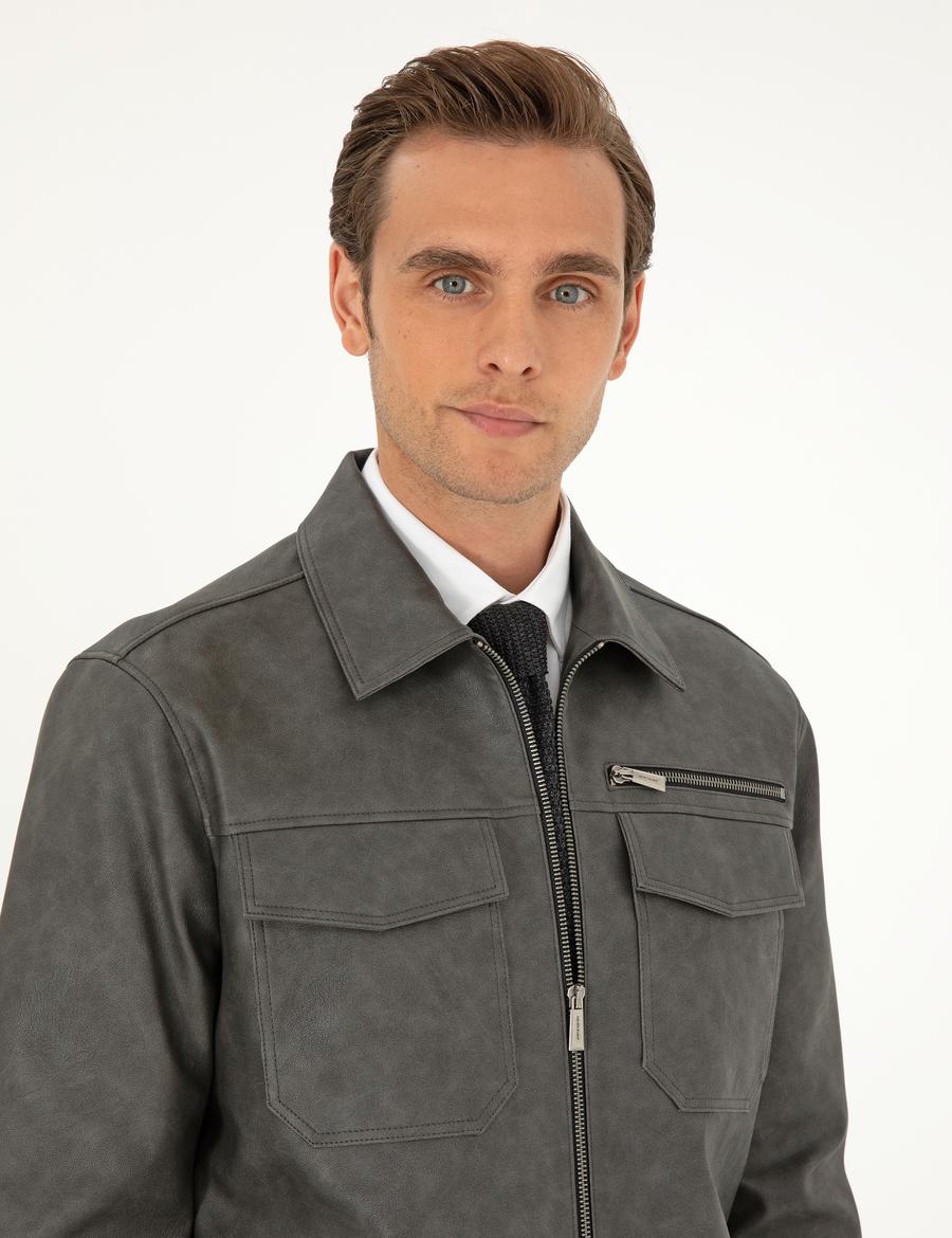 Antrasit Gömlek Yaka Suni Deri Ceket