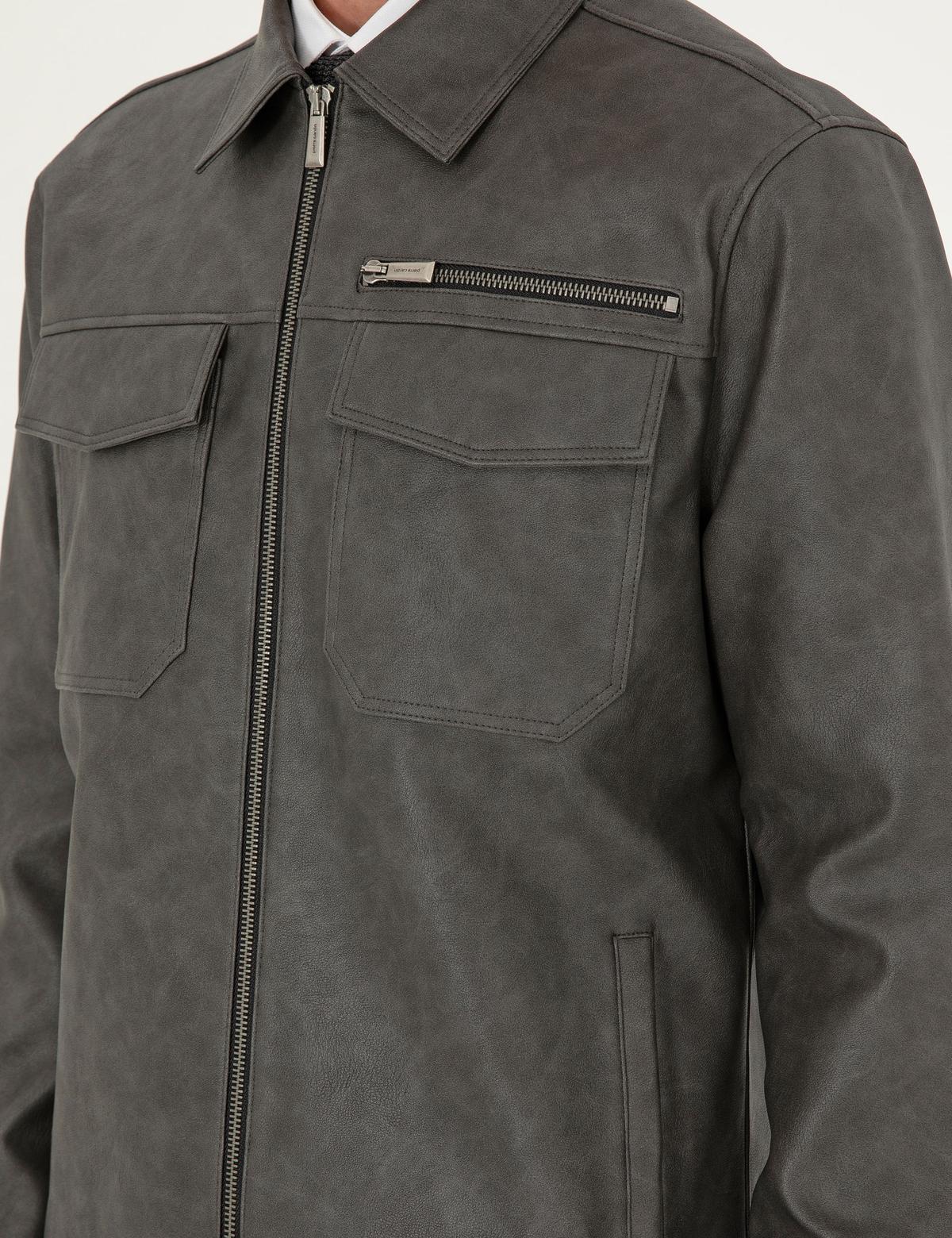 Antrasit Gömlek Yaka Suni Deri Ceket - 50300561017