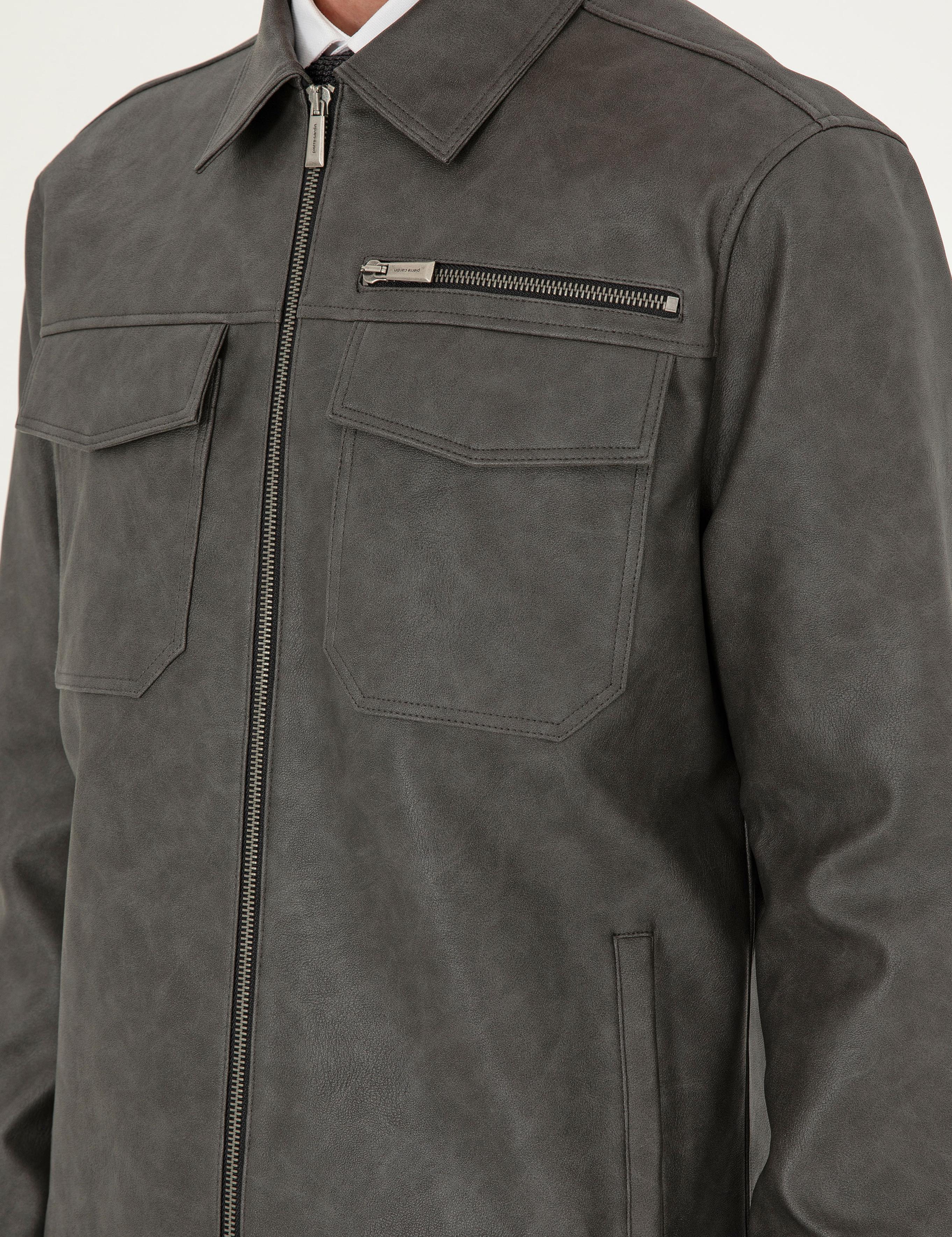 Antrasit Gömlek Yaka Suni Deri Ceket