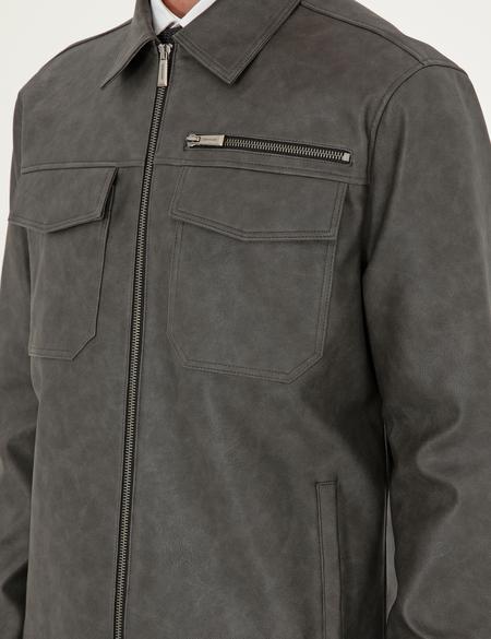 Antrasit Gömlek Yaka Suni Deri Ceket - 50300561017