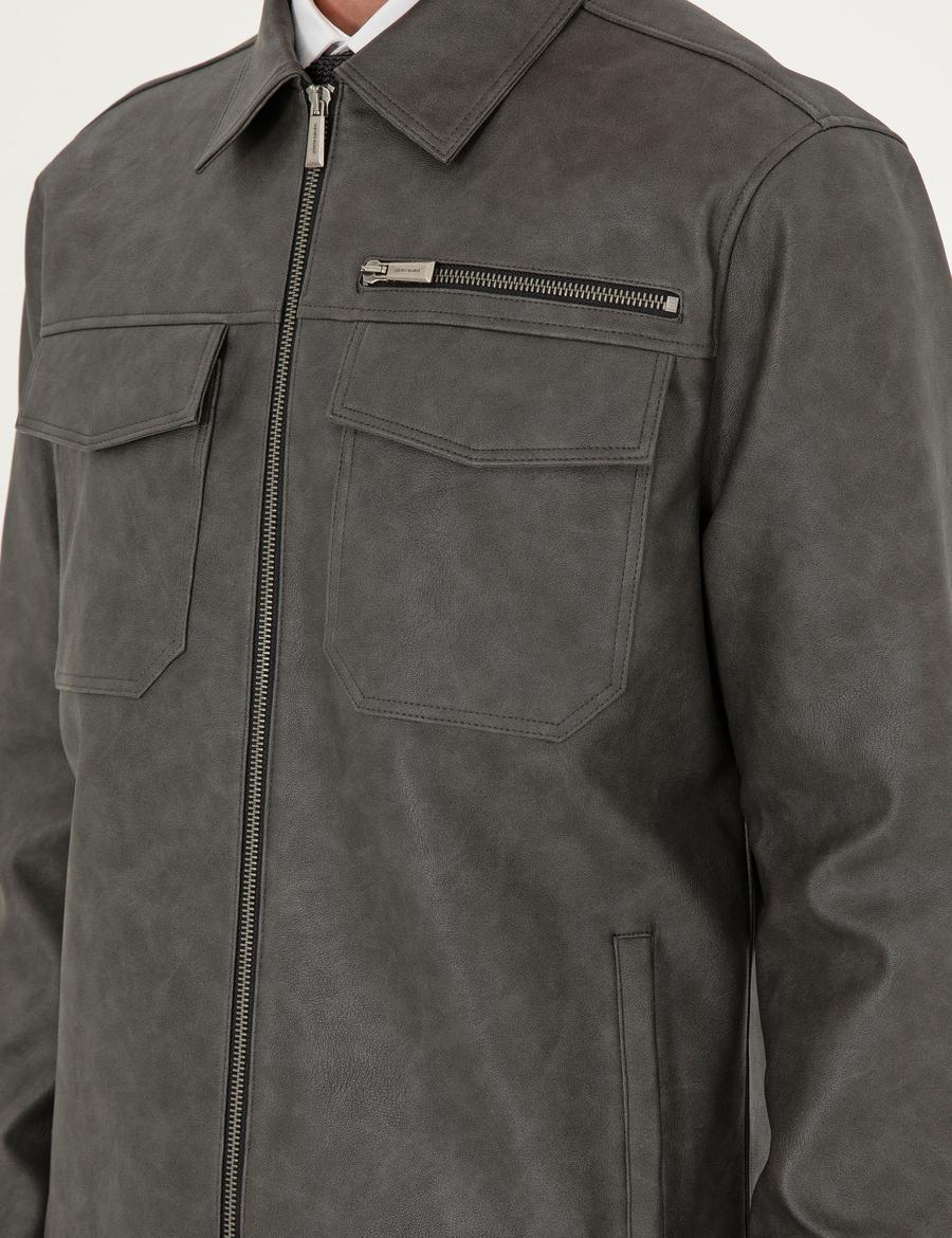 Antrasit Gömlek Yaka Suni Deri Ceket