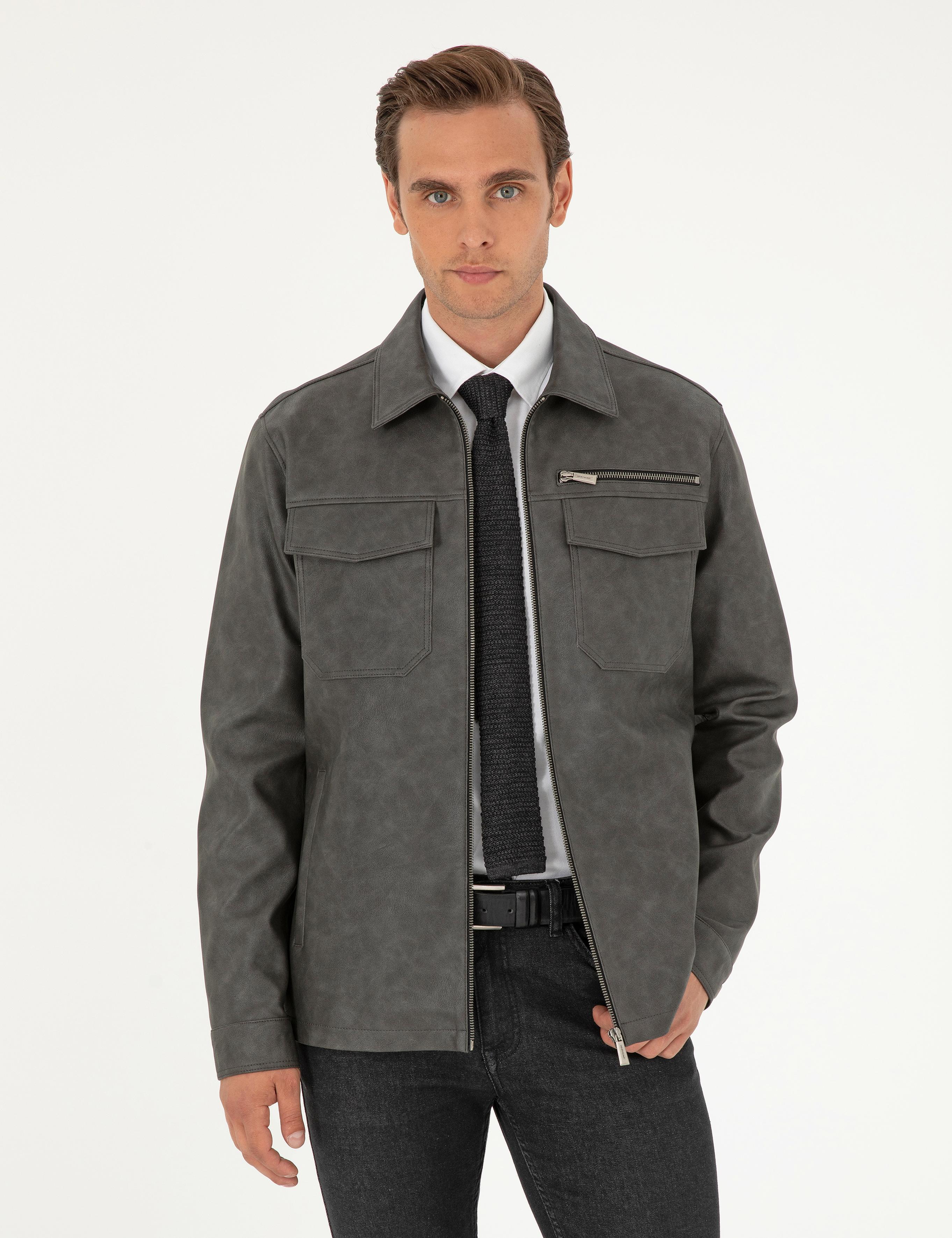 Antrasit Gömlek Yaka Suni Deri Ceket