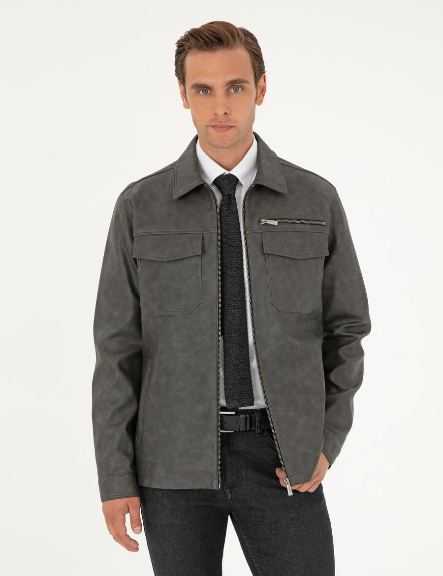 Antrasit Gömlek Yaka Suni Deri Ceket