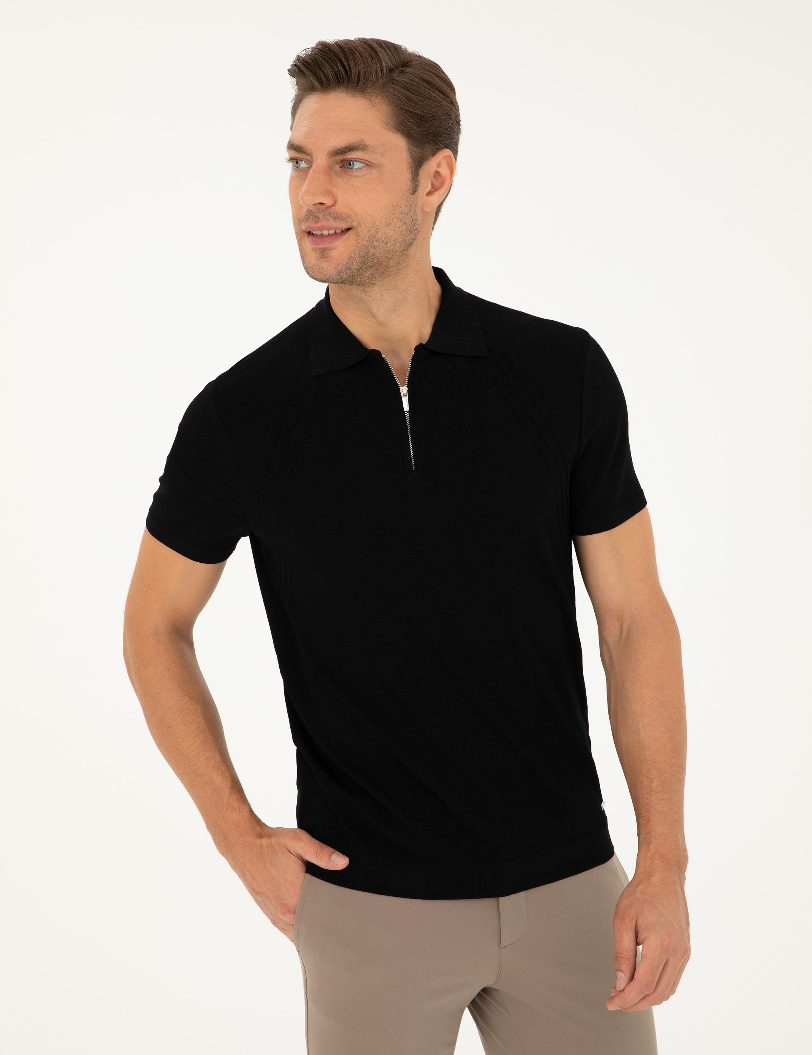 Siyah Slim Fit Fermuarlı Polo Yaka Triko Tişört