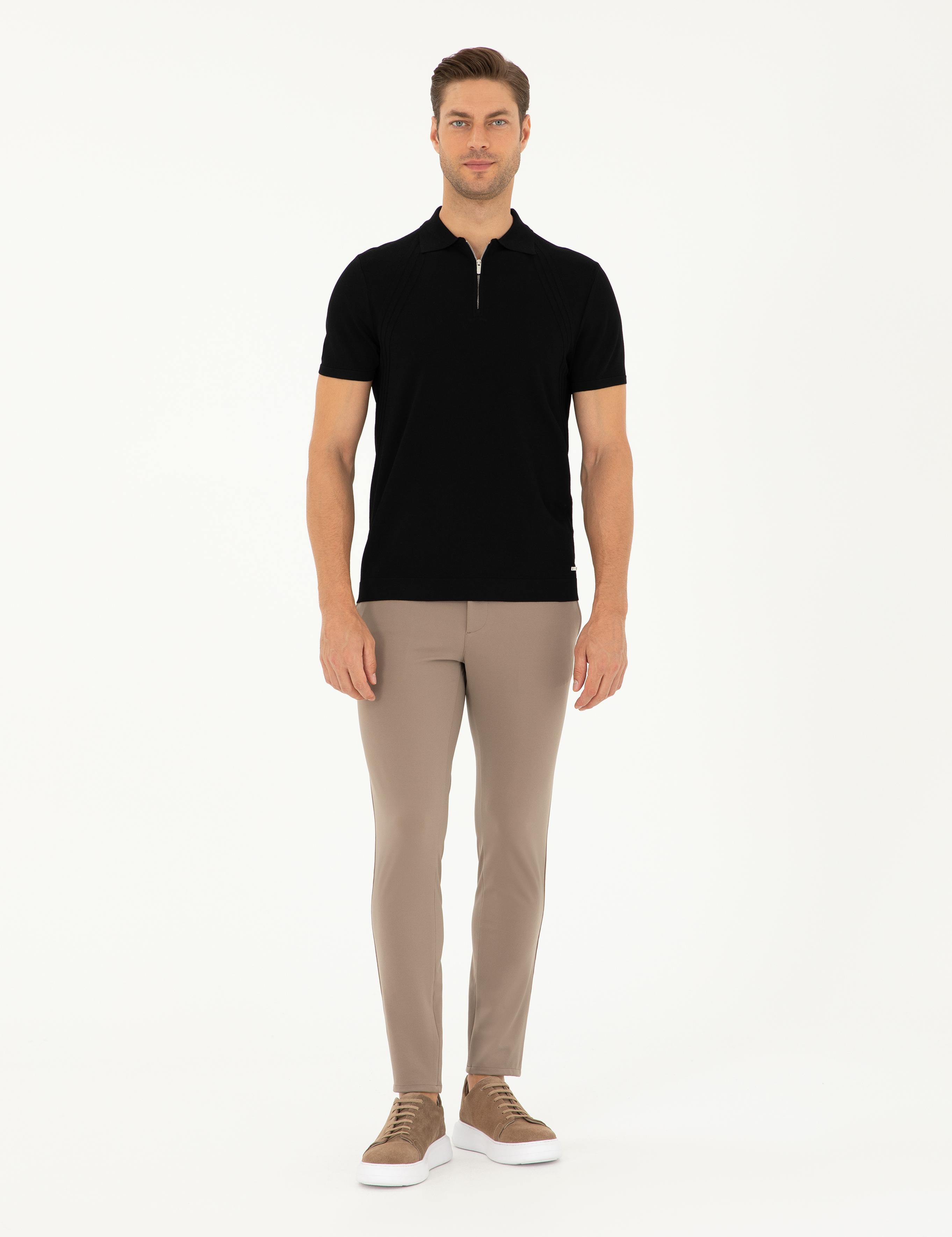 Siyah Slim Fit Fermuarlı Polo Yaka Triko Tişört