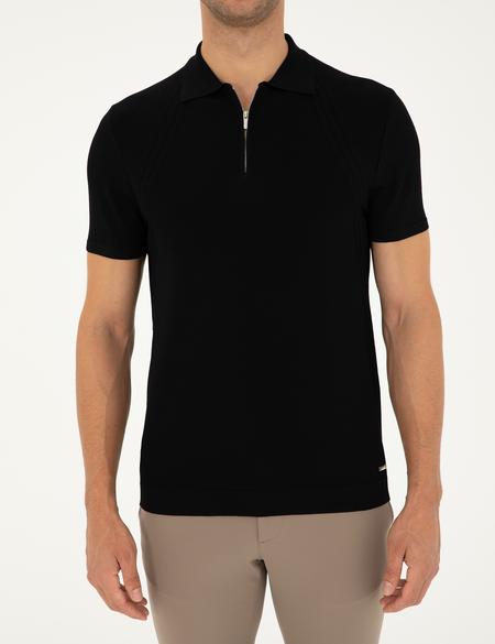 Siyah Slim Fit Fermuarlı Polo Yaka Triko Tişört - 50286085018
