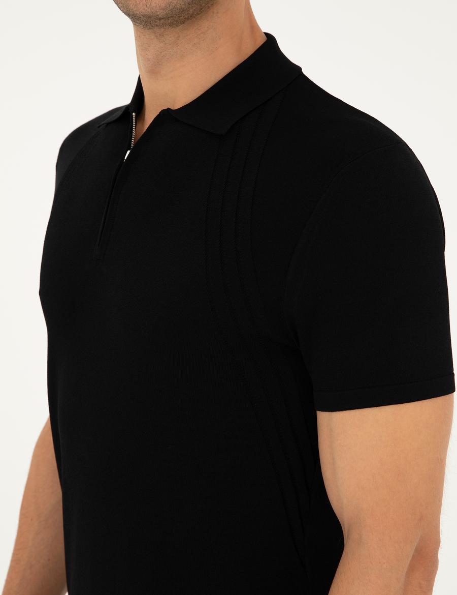 Siyah Slim Fit Fermuarlı Polo Yaka Triko Tişört