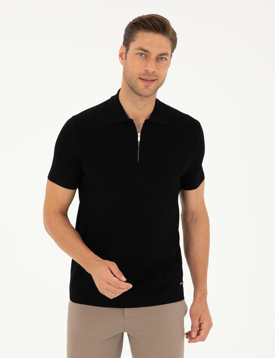 Siyah Slim Fit Fermuarlı Polo Yaka Triko Tişört