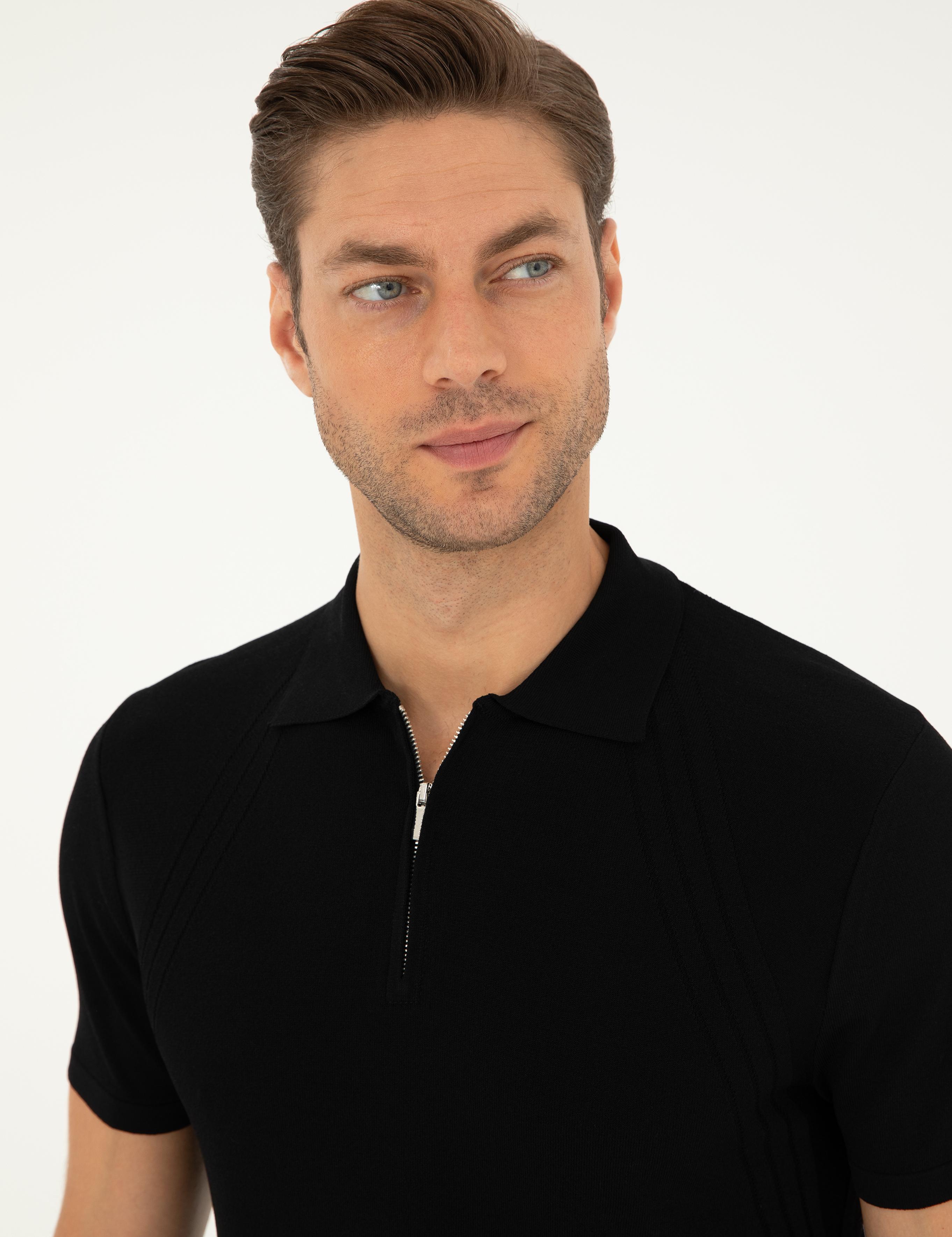 Siyah Slim Fit Fermuarlı Polo Yaka Triko Tişört