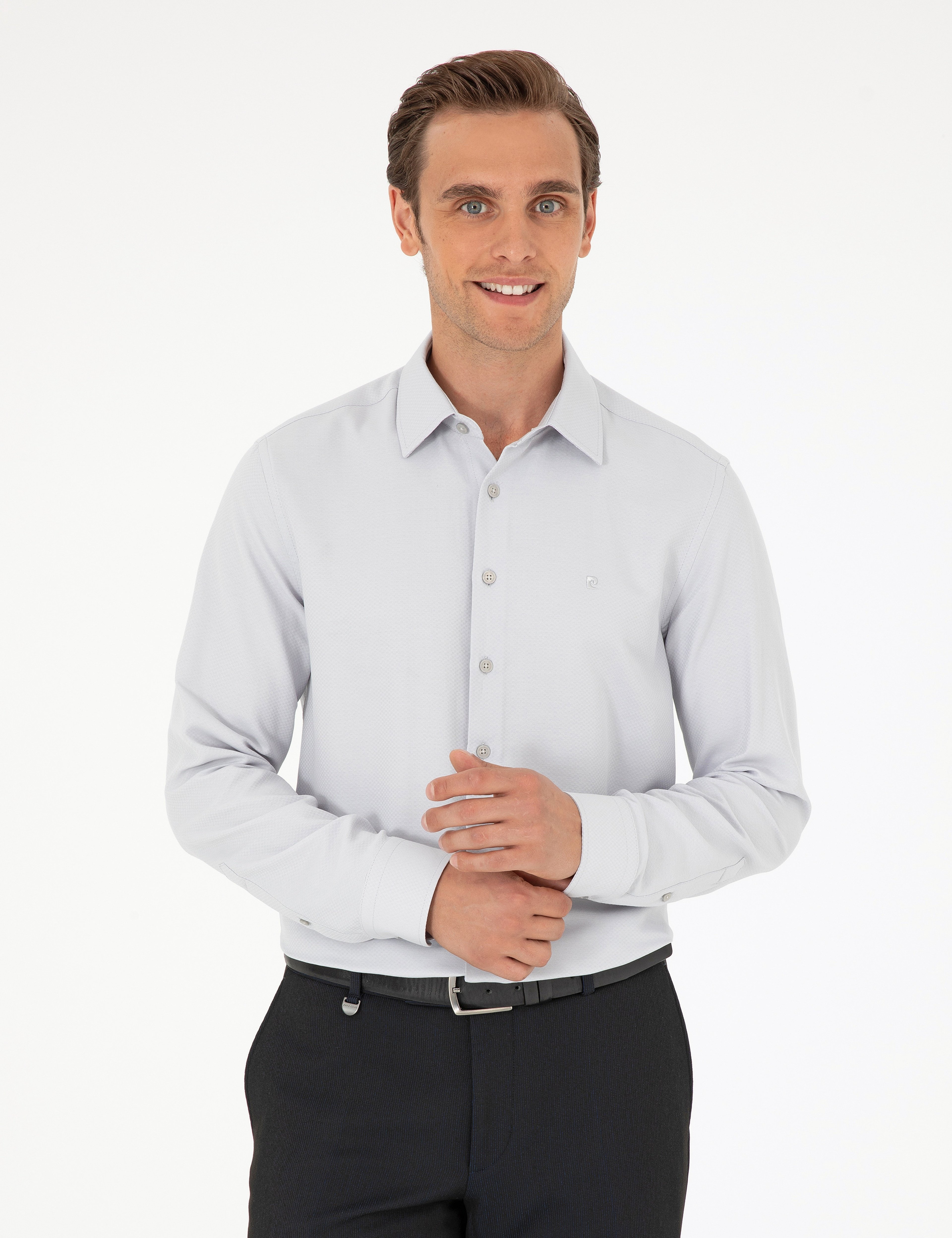 Gri Armürlü Slim Fit Uzun Kollu Gömlek - Image 1