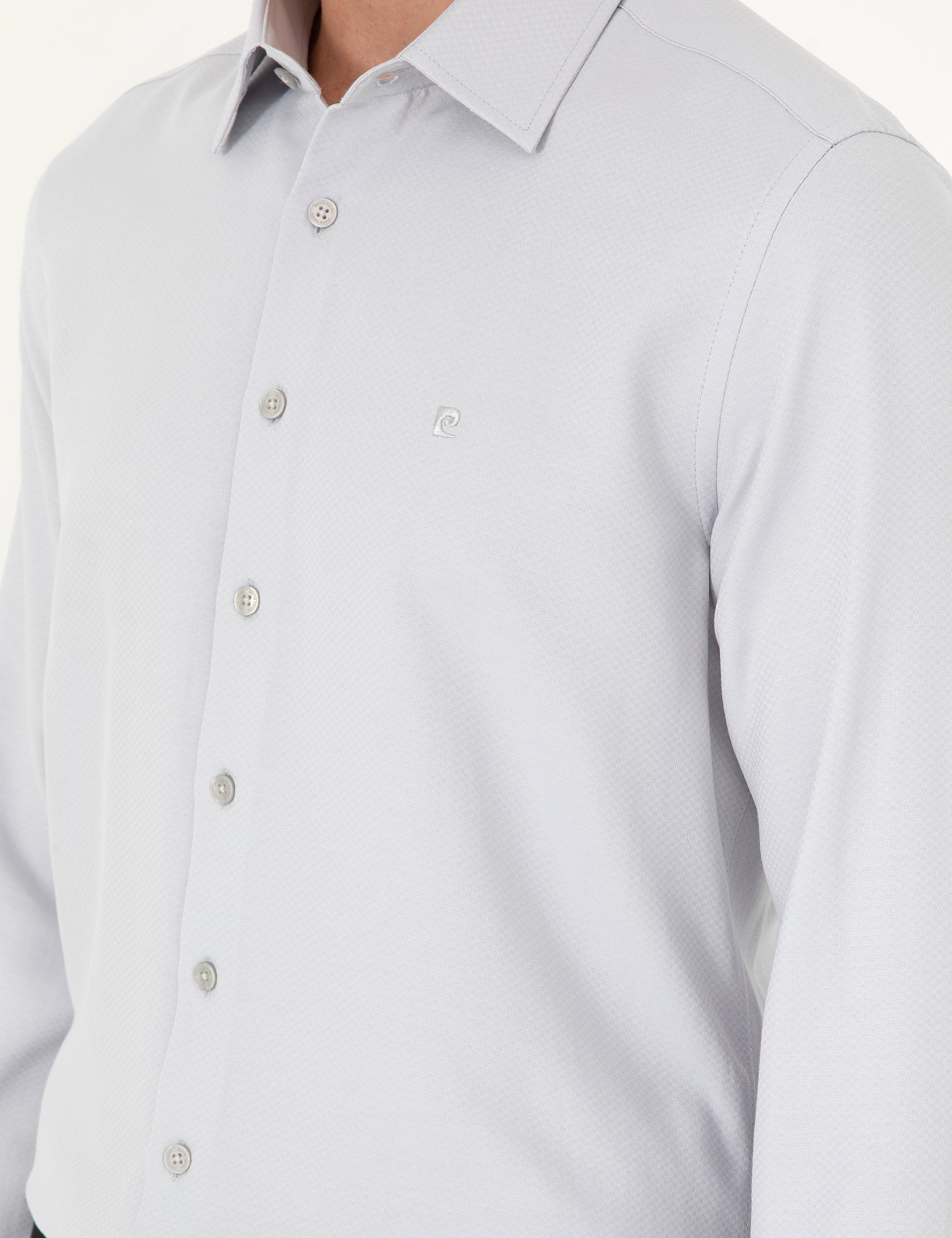 Gri Armürlü Slim Fit Uzun Kollu Gömlek - Image 7