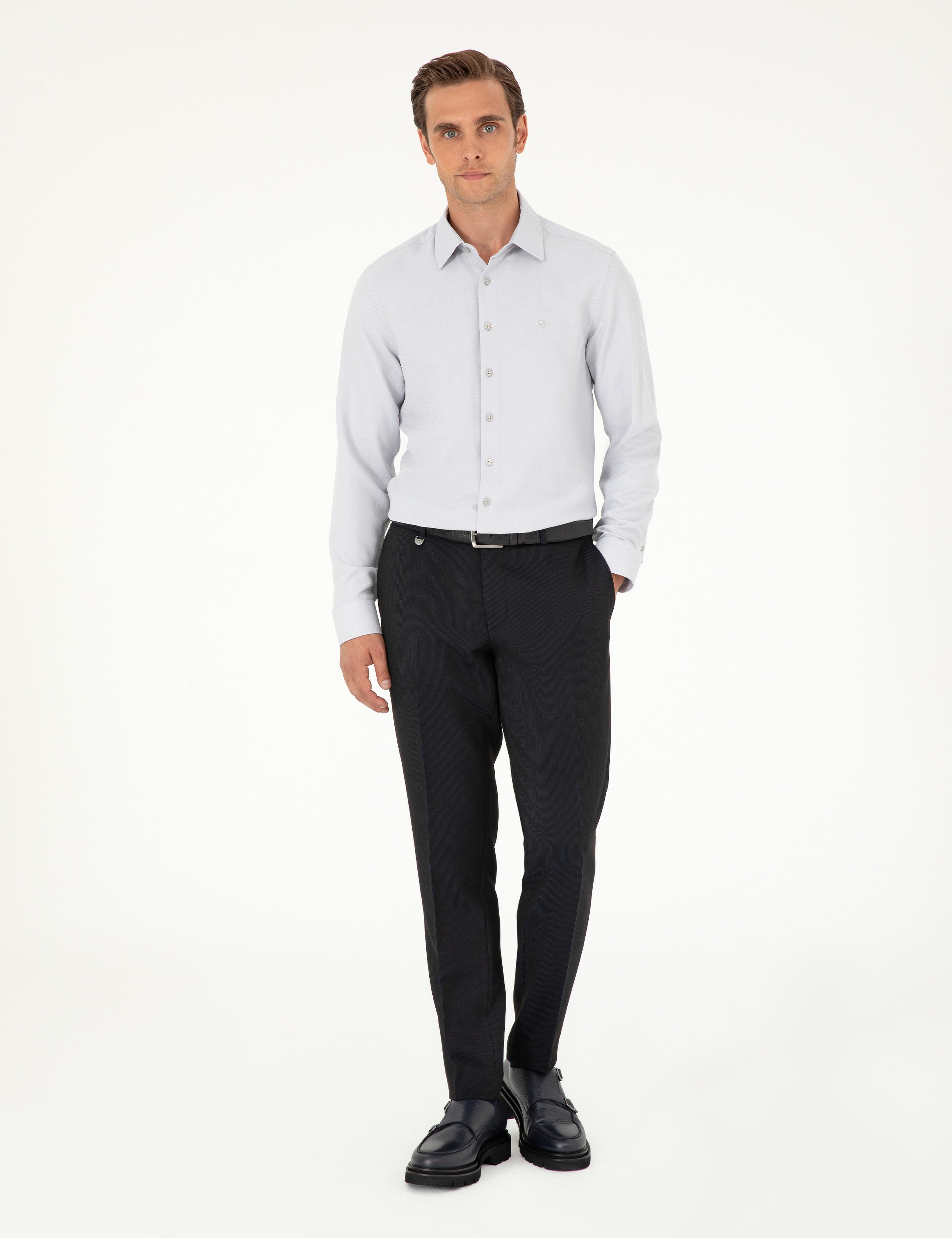 Gri Armürlü Slim Fit Uzun Kollu Gömlek - Image 4