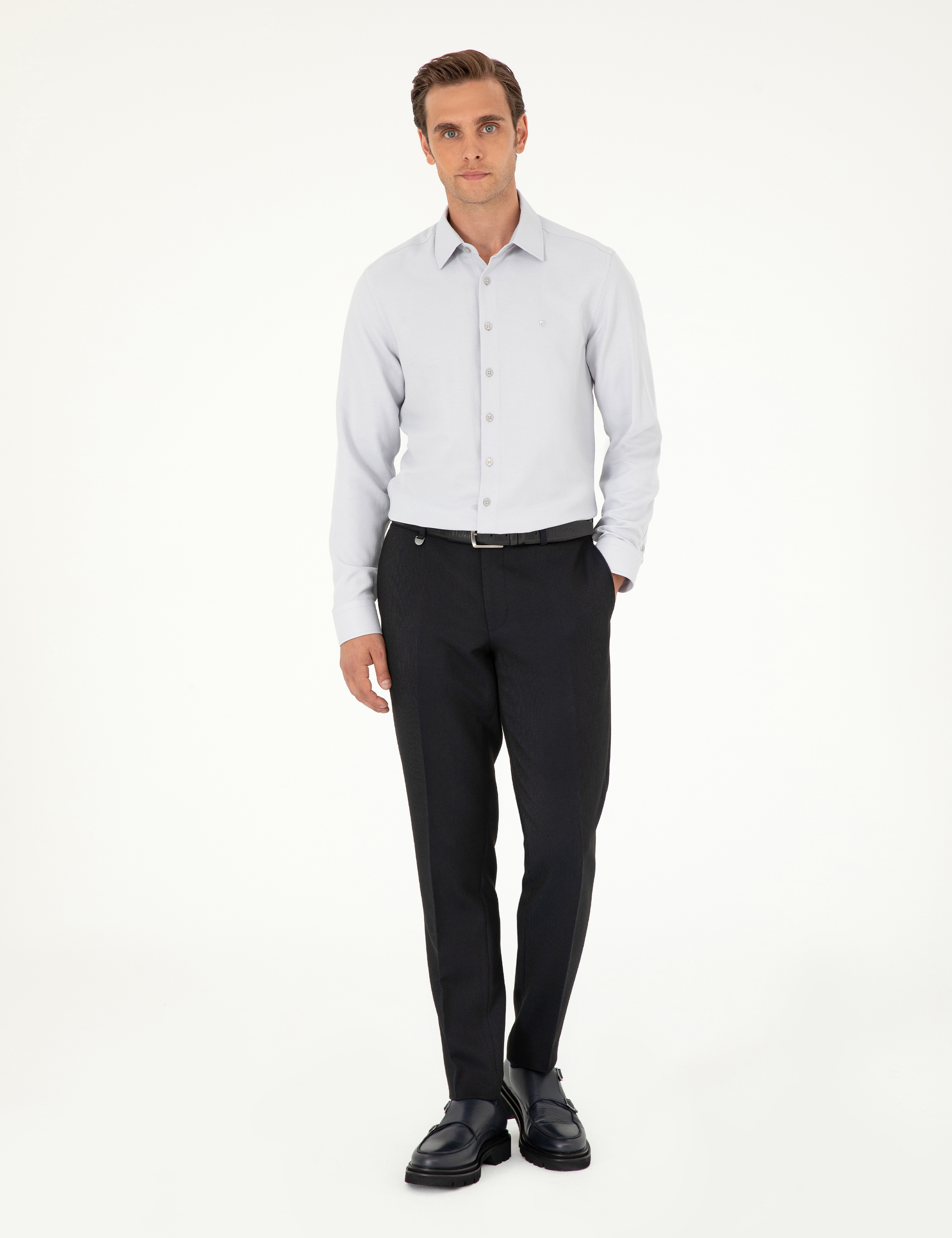 Gri Armürlü Slim Fit Uzun Kollu Gömlek