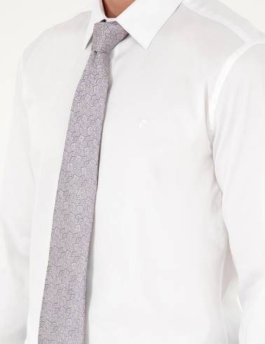 Beyaz %100 Pamuk Parlak Saten Slim Fit Uzun Kollu Basic Gömlek