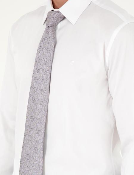 Beyaz Parlak Saten Slim Fit Uzun Kollu Basic Gömlek - 50292520015