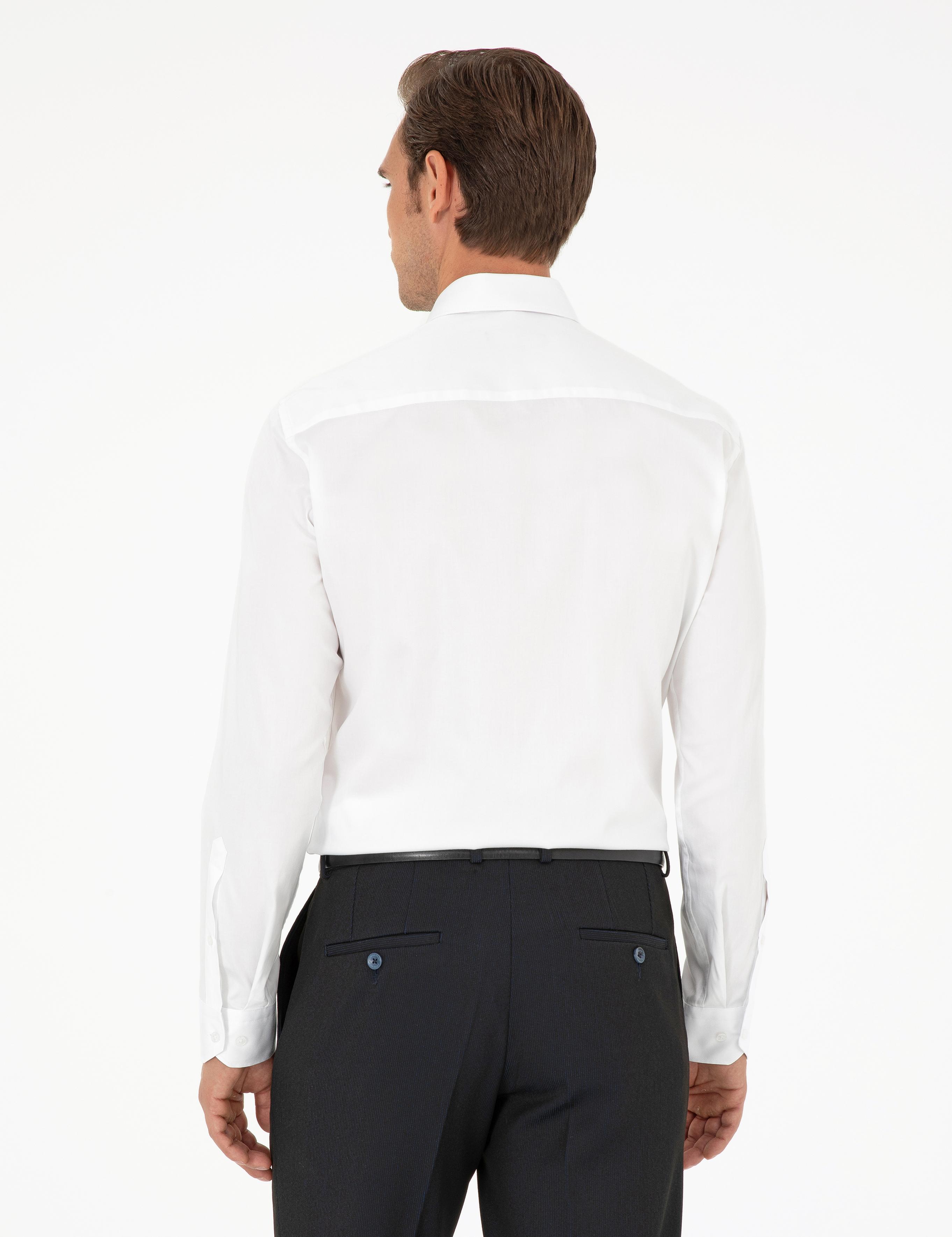 Beyaz Parlak Saten Slim Fit Uzun Kollu Basic Gömlek