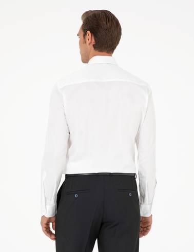 Beyaz %100 Pamuk Parlak Saten Slim Fit Uzun Kollu Basic Gömlek
