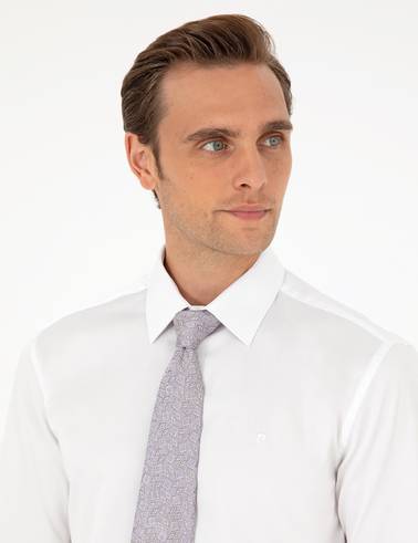 Beyaz %100 Pamuk Parlak Saten Slim Fit Uzun Kollu Basic Gömlek