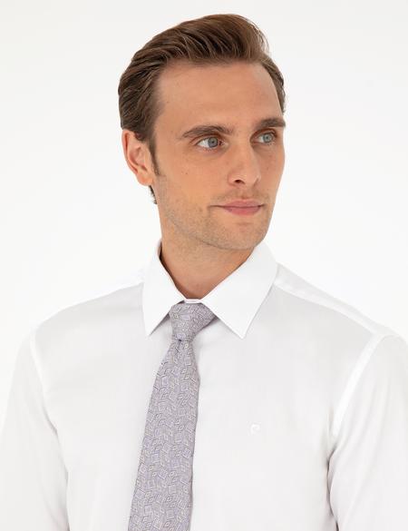 Beyaz Parlak Saten Slim Fit Uzun Kollu Basic Gömlek - 50292520015