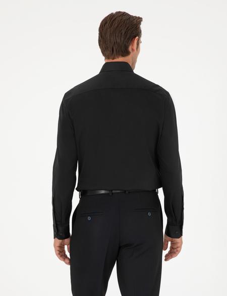 Siyah Parlak Saten Regular Fit Uzun Kollu Basic Gömlek - 50292536041