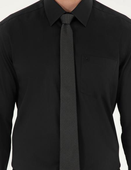 Siyah Parlak Saten Regular Fit Uzun Kollu Basic Gömlek - 50292536041