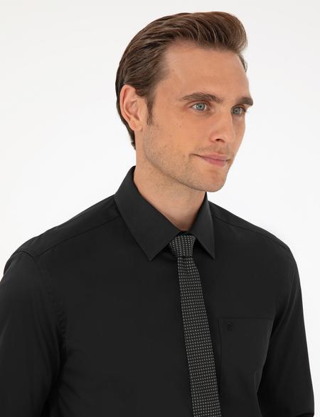 Siyah Parlak Saten Regular Fit Uzun Kollu Basic Gömlek - 50292536041