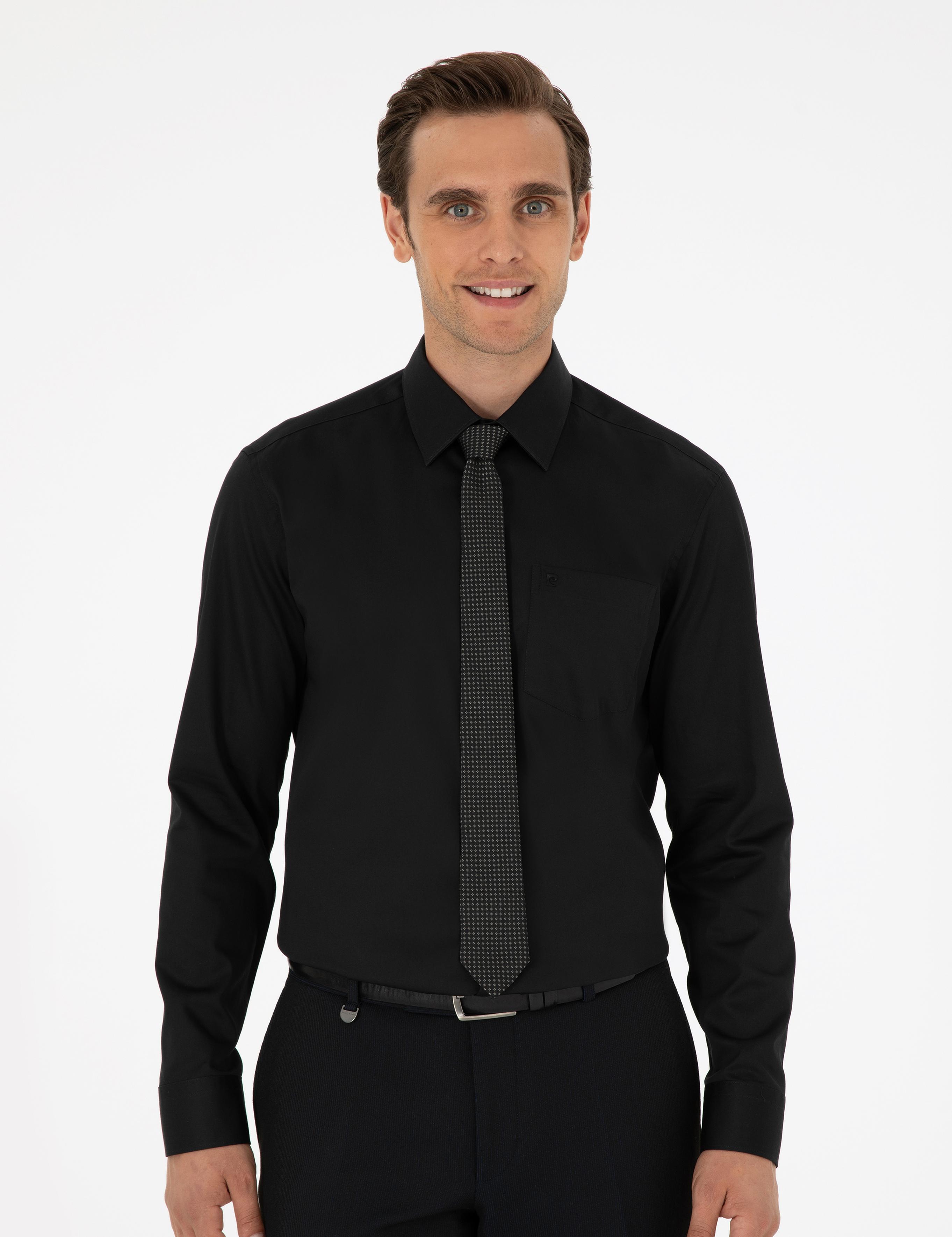 Siyah Parlak Saten Regular Fit Uzun Kollu Basic Gömlek