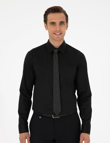 Siyah Parlak Saten Regular Fit Uzun Kollu Basic Gömlek - 50292536041