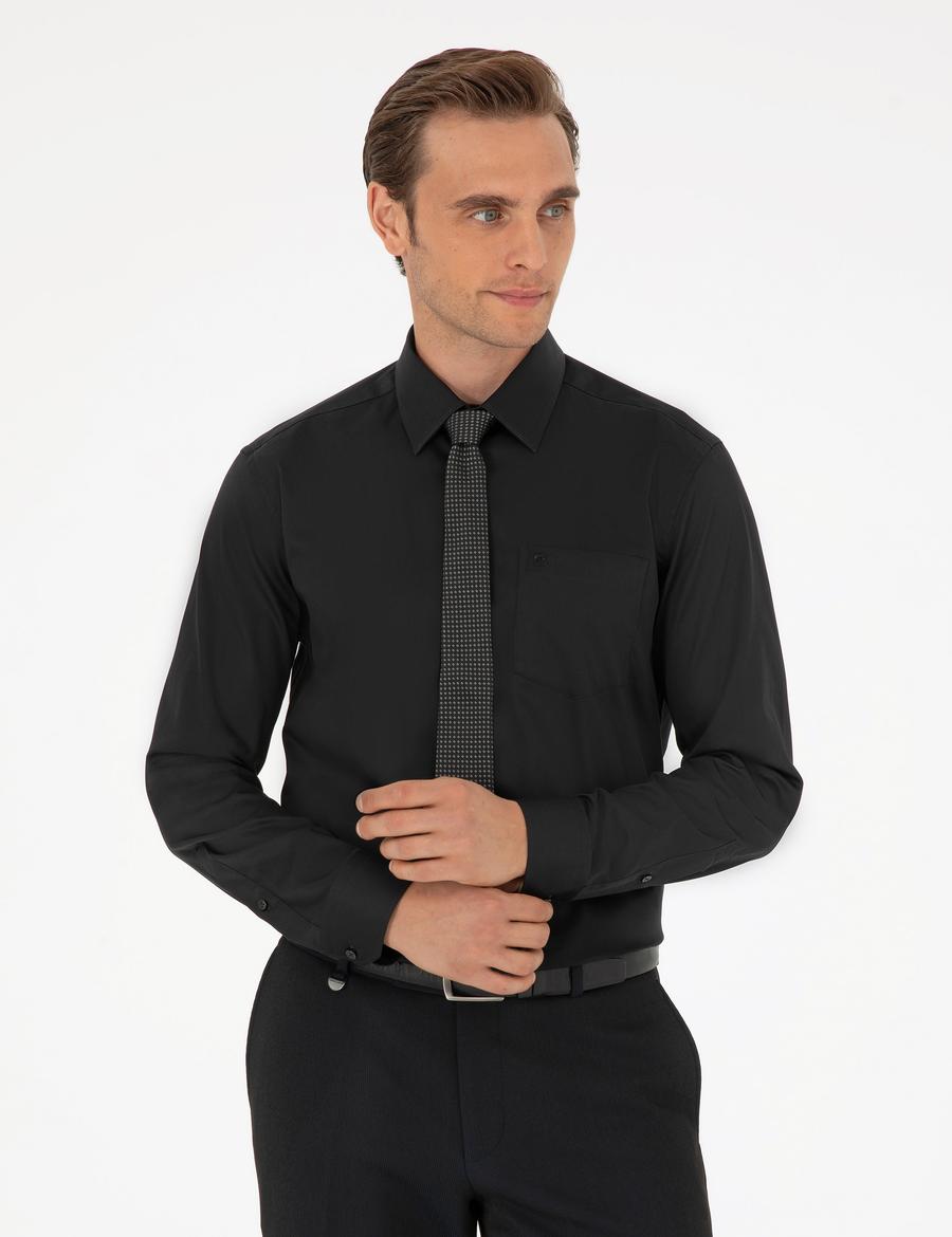 Siyah Parlak Saten Regular Fit Uzun Kollu Basic Gömlek