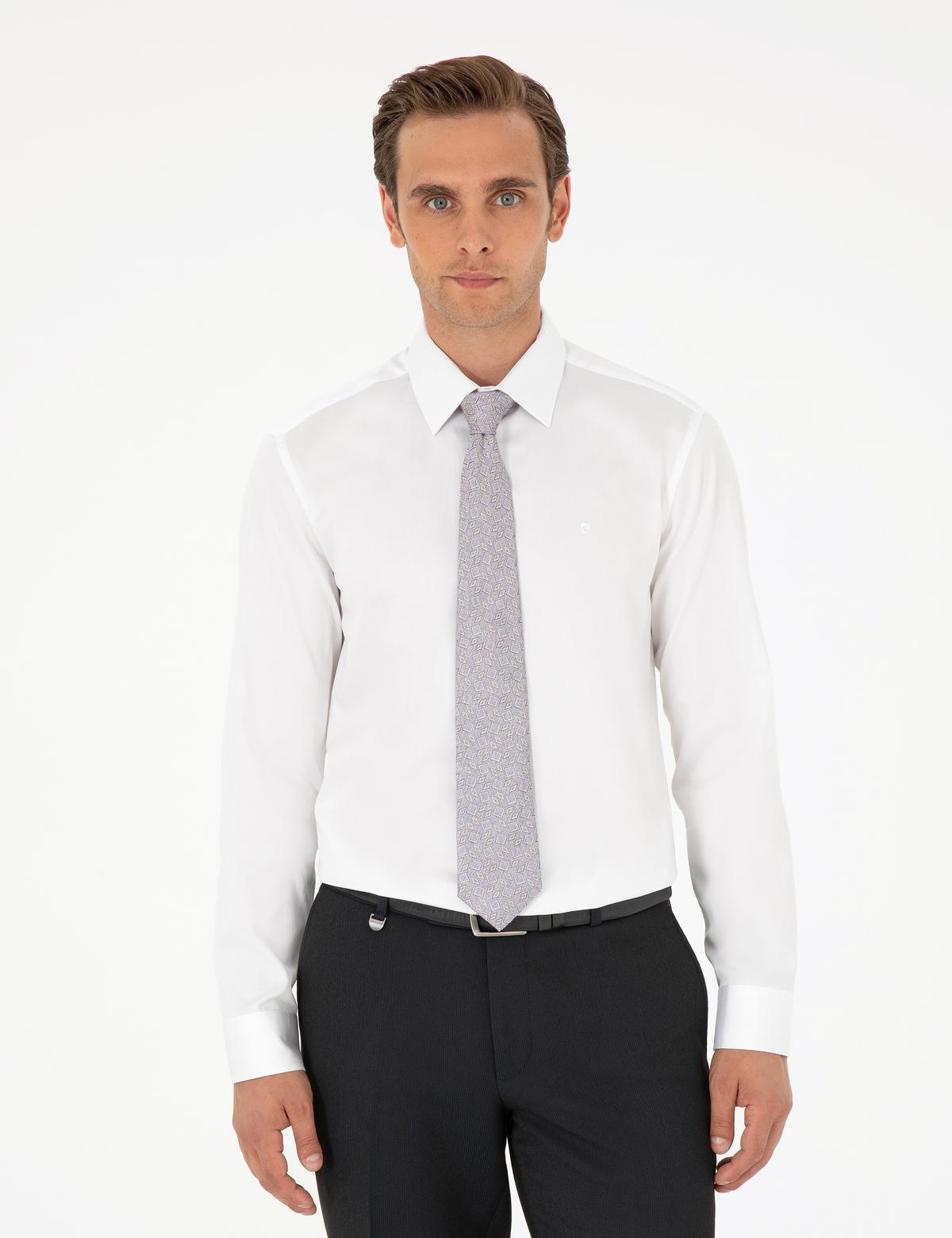 Beyaz Parlak Saten Slim Fit Uzun Kollu Basic Gömlek