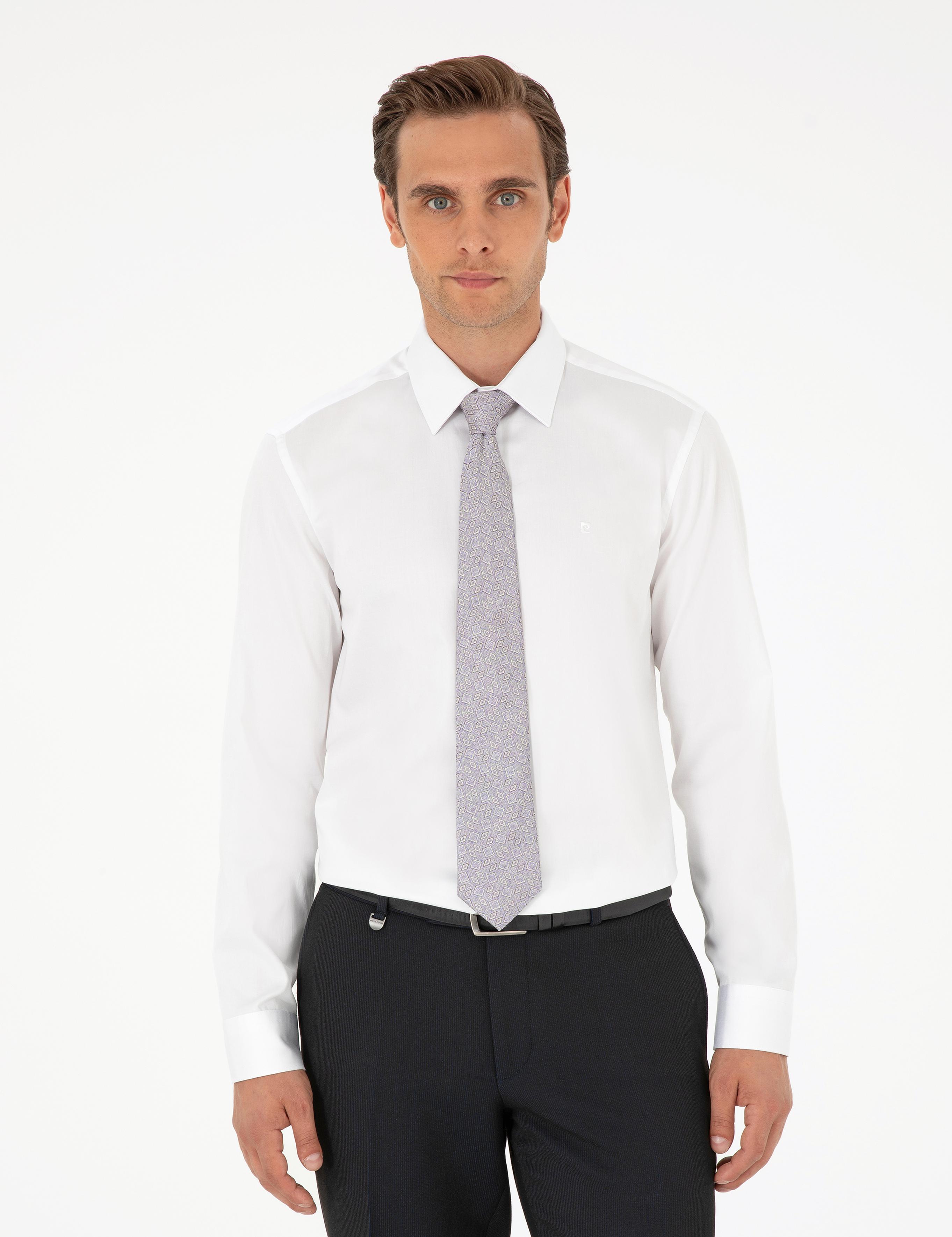 Beyaz Parlak Saten Slim Fit Uzun Kollu Basic Gömlek