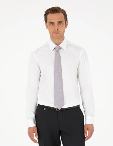 Beyaz %100 Pamuk Parlak Saten Slim Fit Uzun Kollu Basic Gömlek