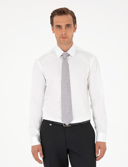 Beyaz Parlak Saten Slim Fit Uzun Kollu Basic Gömlek - 50292520015