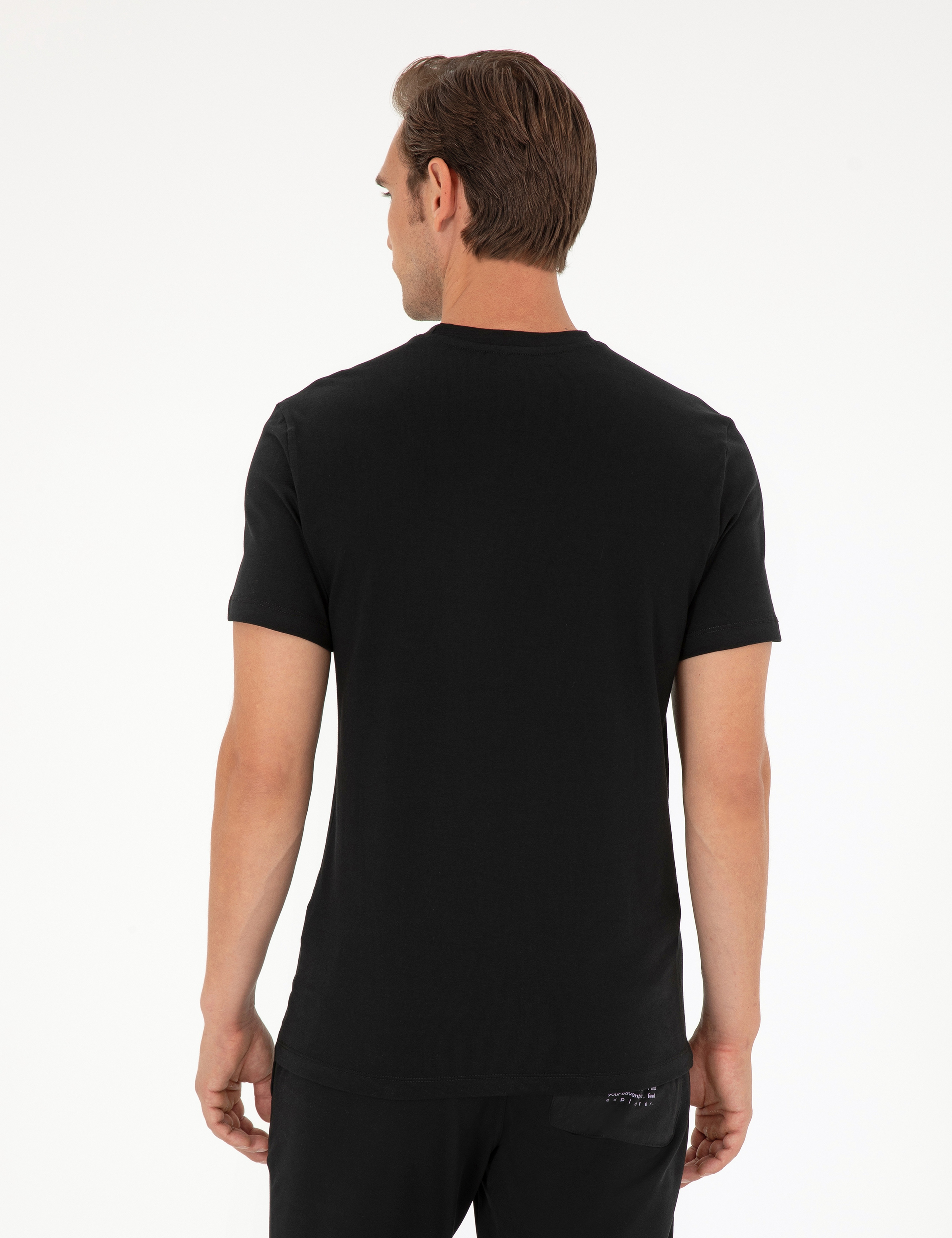 Siyah Slim Fit %100 Pamuk Bisiklet Yaka Tişört - Image 5