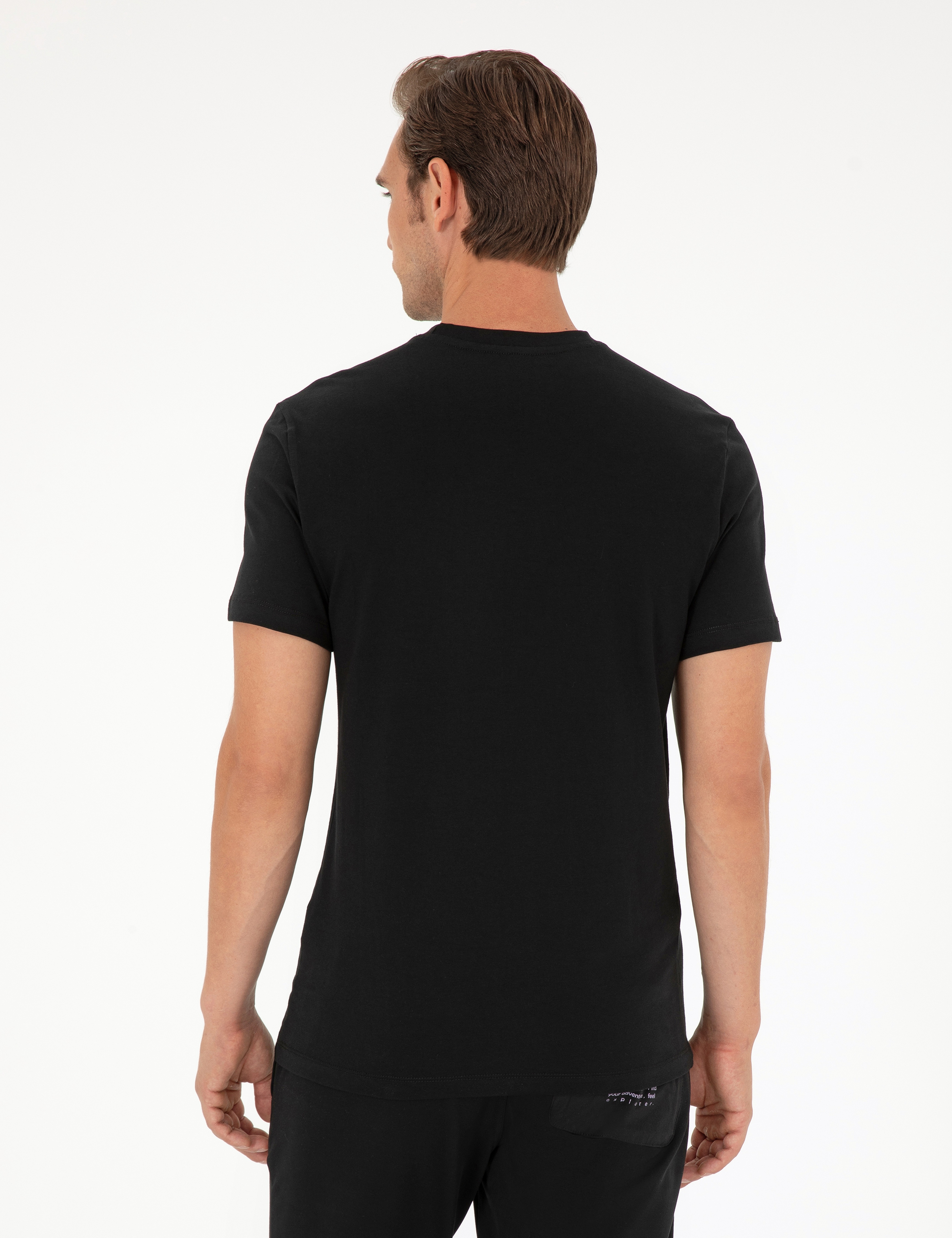Siyah Slim Fit %100 Pamuk Bisiklet Yaka Tişört