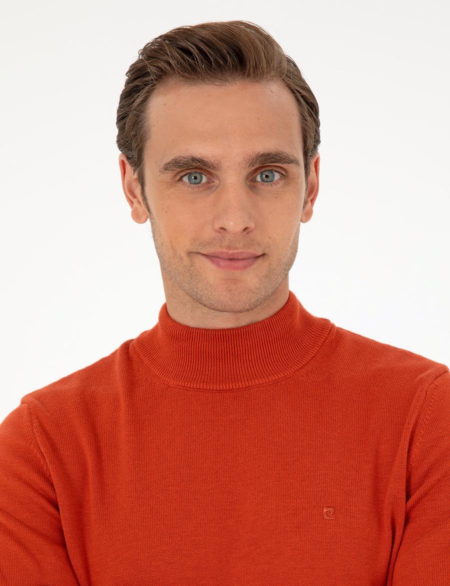 Turuncu Slim Fit Yarım Balıkçı Yaka Basic Triko Kazak