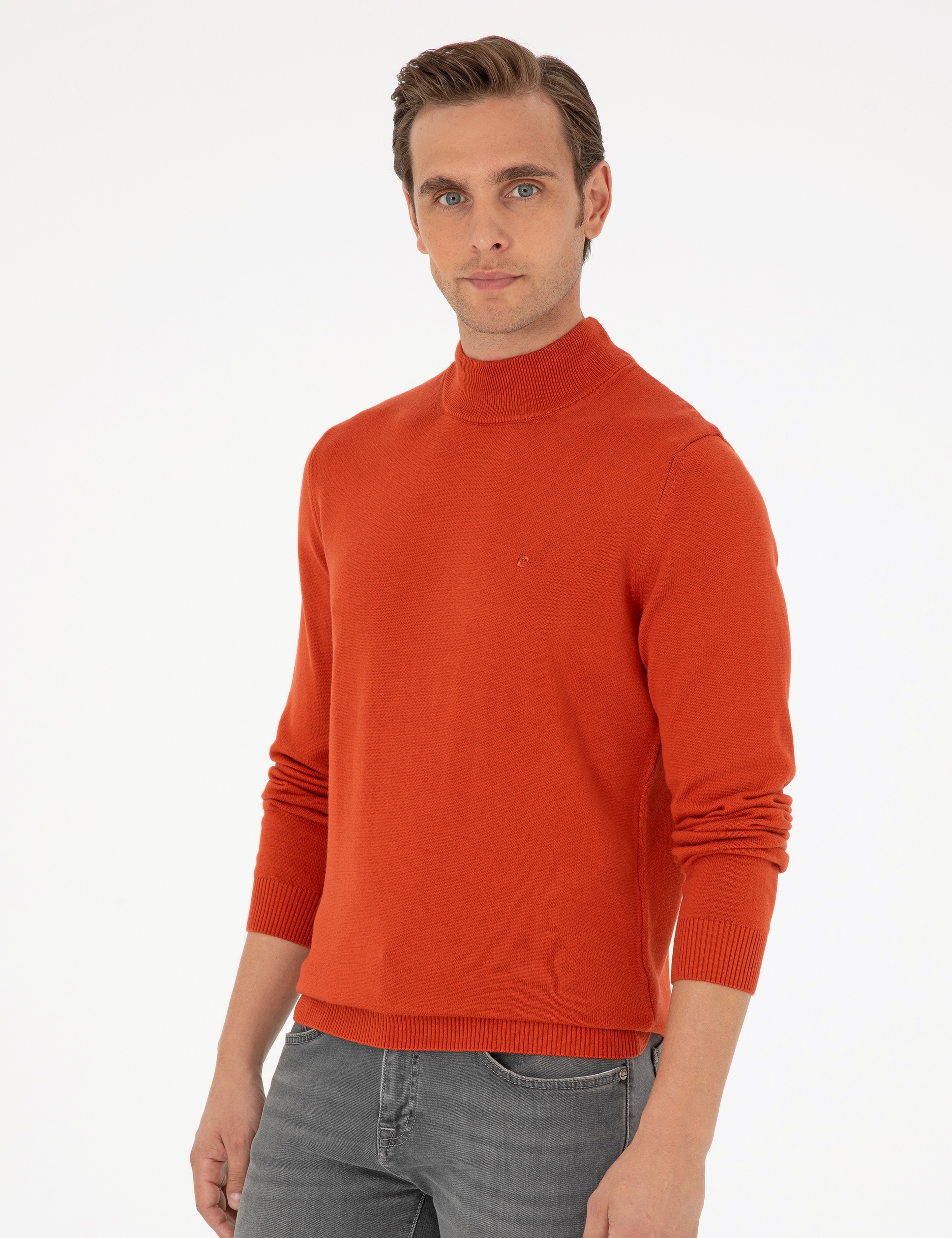 Turuncu Slim Fit Yarım Balıkçı Yaka Basic Triko Kazak - Image 1