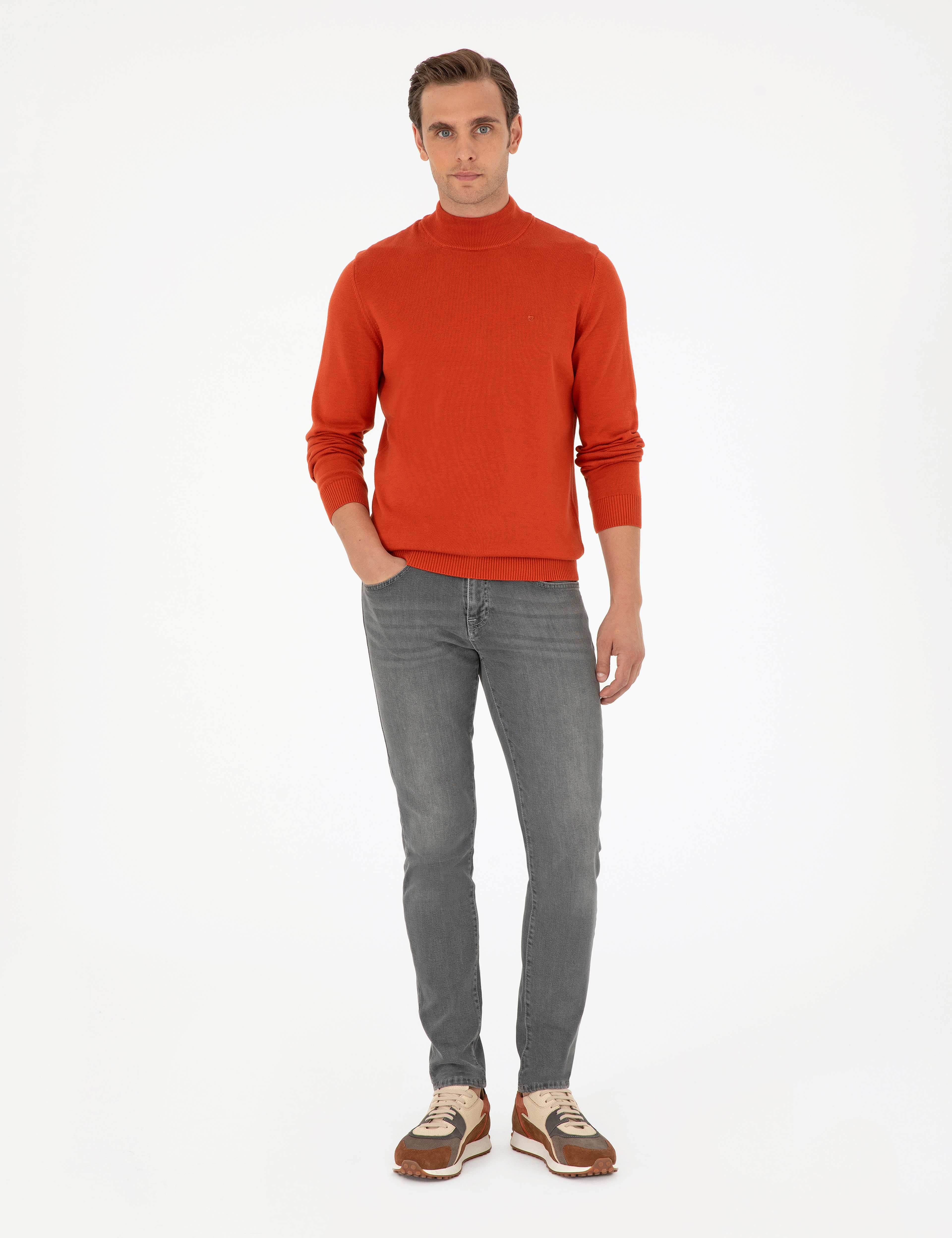 Turuncu Slim Fit Yarım Balıkçı Yaka Basic Triko Kazak - Image 4