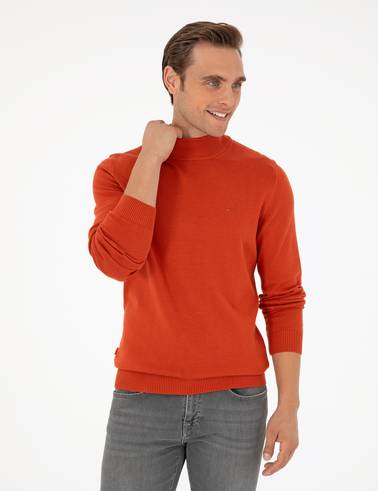Turuncu Slim Fit Yarım Balıkçı Yaka Basic Triko Kazak